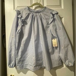 Women’s St. John Bay’s Long Sleeve Blouse, White & Blue strips w/White Flowers